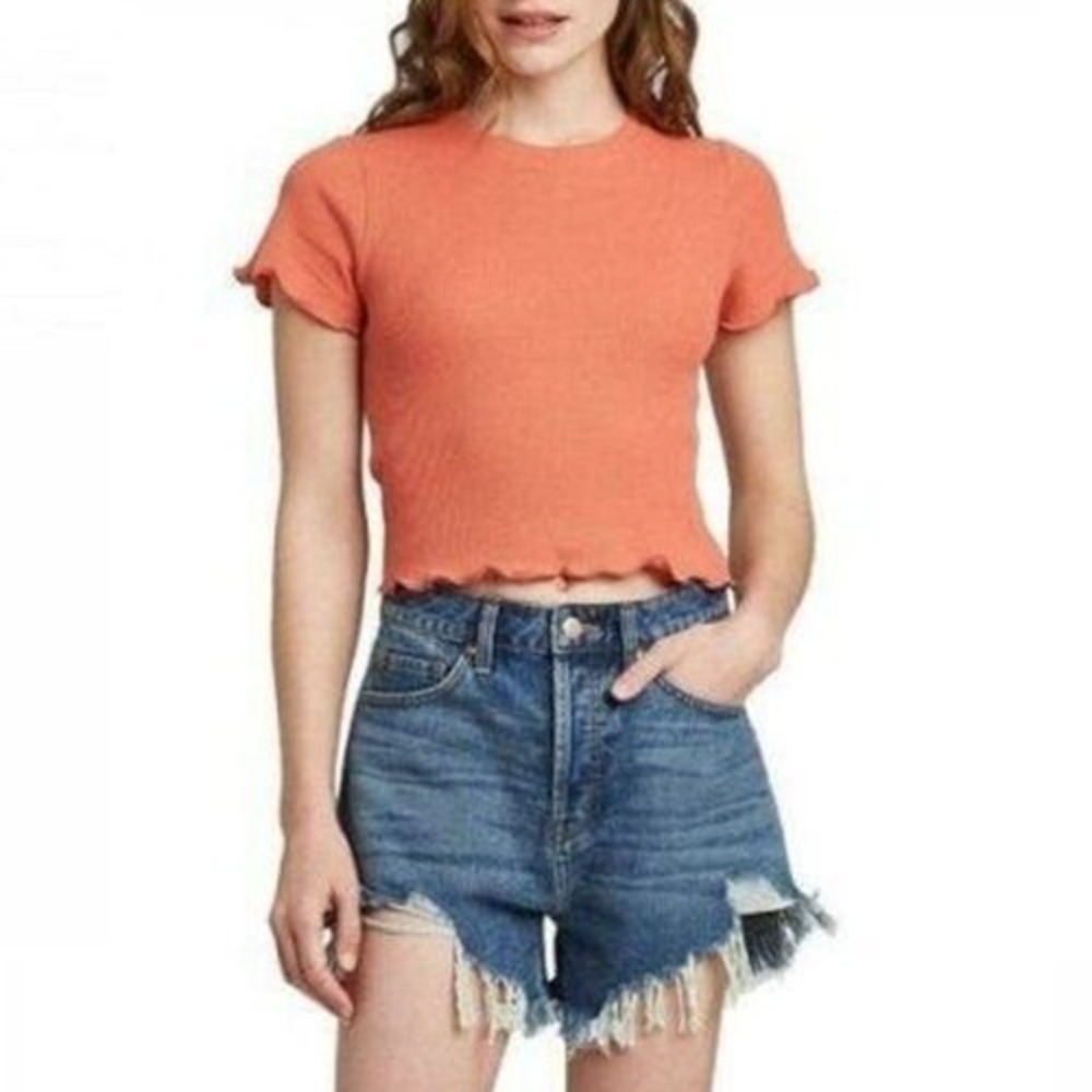 Wild Fable Crop Top Juniors XL Coral Thermal Knit Lettuce Hem Short Sleeve Shirt